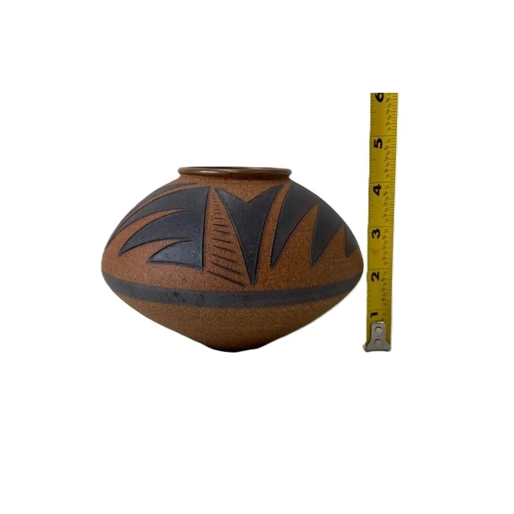 Vintage Steve Dominguez Vase Mid Century Geometric Design Brown Stoneware Vessel